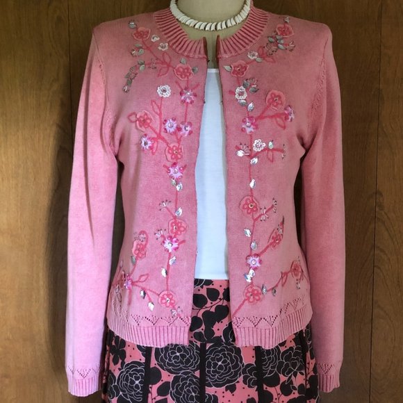 Pura Vida Sweaters - Coral Pink Beaded & Embroidered Bohmean Cotton Sweater